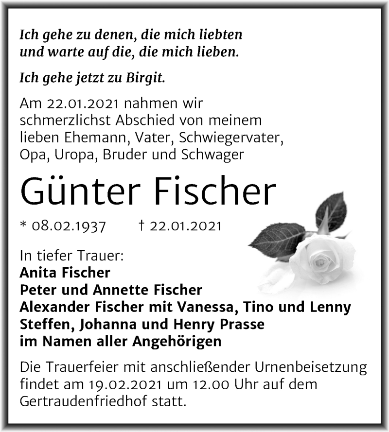  Traueranzeige für Günter Fischer vom 30.01.2021 aus Mitteldeutsche Zeitung Halle/Saalkreis