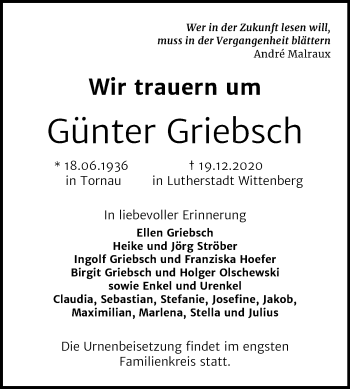 Traueranzeige von Günter Griebsch von Super Sonntag Wittenberg