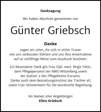 Traueranzeige von Günter Griebsch von Super Sonntag Wittenberg