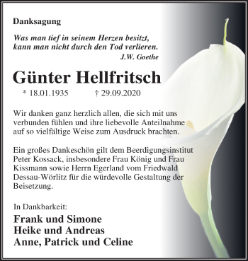 Traueranzeige von Günter Hellfritsch von Mitteldeutsche Zeitung Dessau-Roßlau