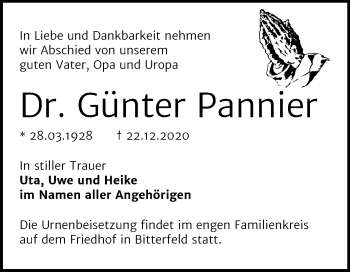 Traueranzeige von Günter Pannier von Mitteldeutsche Zeitung Bitterfeld