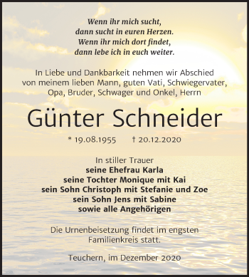 Traueranzeige von Günter Schneider von Super Sonntag Weißenfels