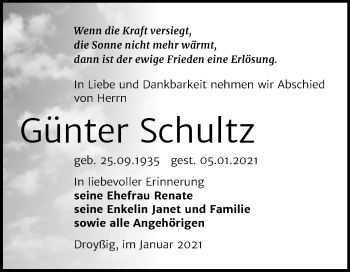 Traueranzeige von Günter Schultz von Mitteldeutsche Zeitung Zeitz