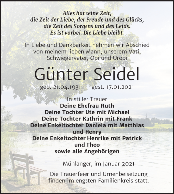 Traueranzeige von Günter Seidel von Super Sonntag Wittenberg