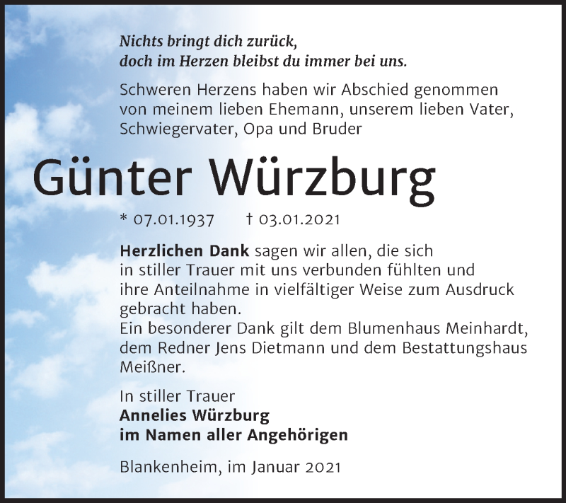  Traueranzeige für Günter Würzburg vom 30.01.2021 aus Super Sonntag Sangerhausen