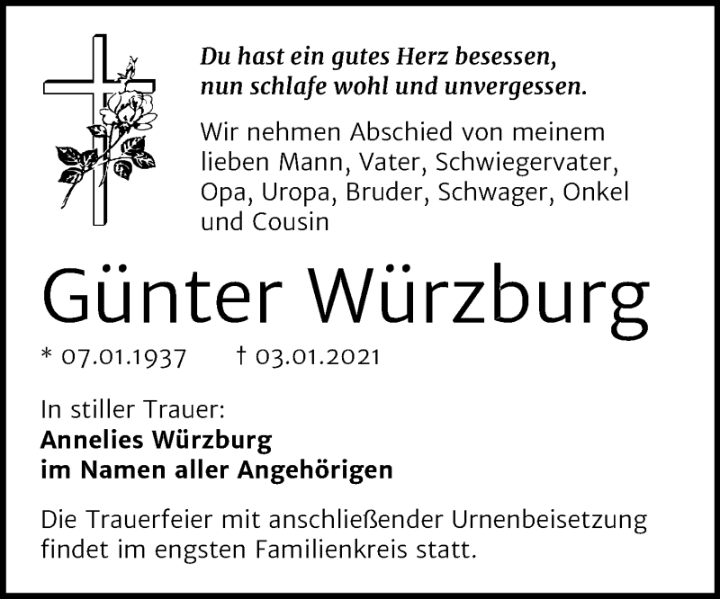  Traueranzeige für Günter Würzburg vom 16.01.2021 aus Super Sonntag Sangerhausen