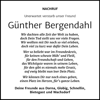 Traueranzeige von Günther Bergendahl von Super Sonntag Wittenberg