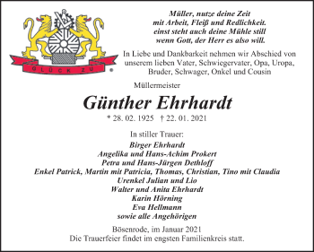 Traueranzeige von Günther Ehrhardt von Super Sonntag Sangerhausen