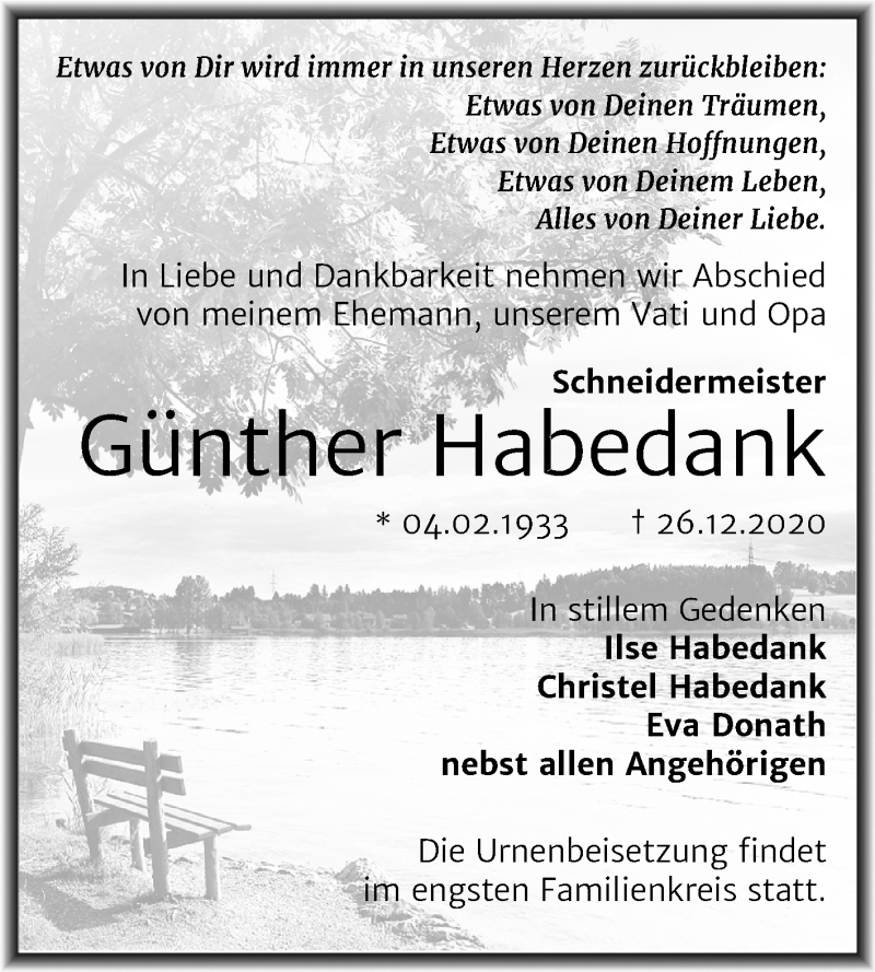  Traueranzeige für Günther Habedank vom 09.01.2021 aus Super Sonntag Wittenberg