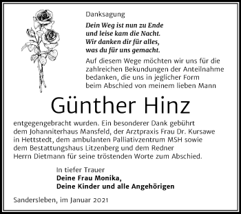 Traueranzeige von Günther Hinz von Super Sonntag Mansfelder Land