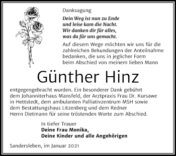 Traueranzeige von Günther Hinz von Mitteldeutsche Zeitung Mansfelder Land