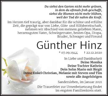 Traueranzeige von Günther Hinz von Mitteldeutsche Zeitung Mansfelder Land