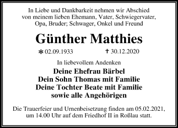 Traueranzeige von Günther Matthies von Super Sonntag Dessau-Roßlau