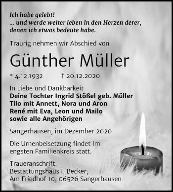 Traueranzeige von Günther Müller von Mitteldeutsche Zeitung Mansfelder Land