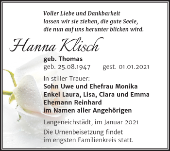 Traueranzeige von Hanna Klisch von Super Sonntag Merseburg/Querfurt