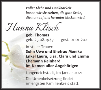 Traueranzeige von Hanna Klisch von Mitteldeutsche Zeitung Merseburg/Querfurt