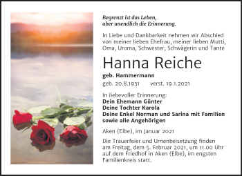 Traueranzeige von Hanna Reiche von Super Sonntag Köthen