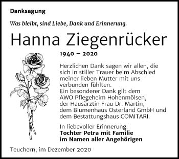 Traueranzeige von Hanna Ziegenrücker von Mitteldeutsche Zeitung Weißenfels