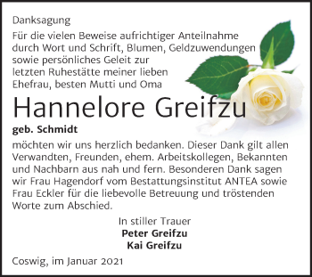 Traueranzeige von Hannelore Greifzu von Super Sonntag Wittenberg