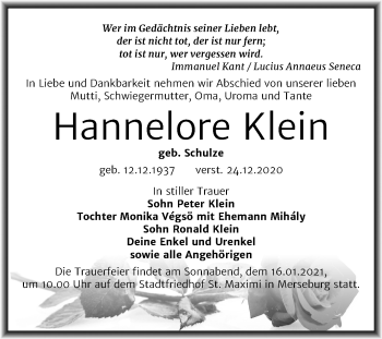 Traueranzeige von Hannelore Klein von Mitteldeutsche Zeitung Merseburg/Querfurt