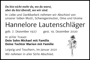 Traueranzeige von Hannelore Lautenschläger von Mitteldeutsche Zeitung Weißenfels