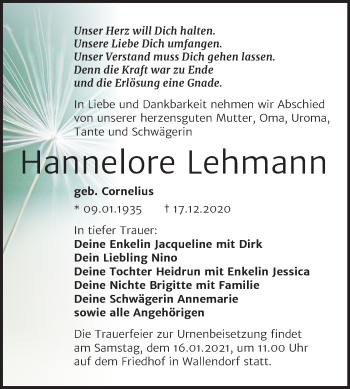 Traueranzeige von Hannelore Lehmann von Super Sonntag Merseburg/Querfurt