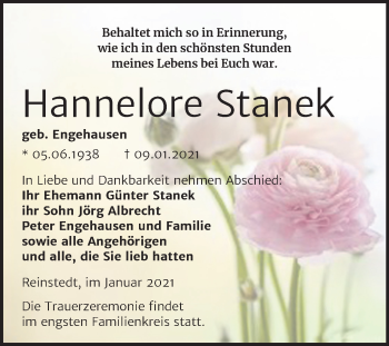 Traueranzeige von Hannelore Stanek von Mitteldeutsche Zeitung Quedlinburg