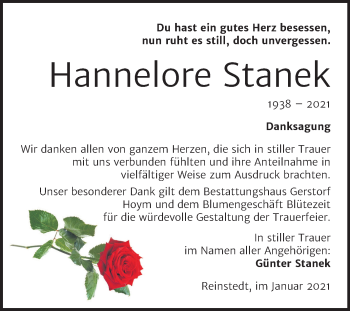 Traueranzeige von Hannelore Stanek von Super Sonntag Aschersleben / Quedlinburg