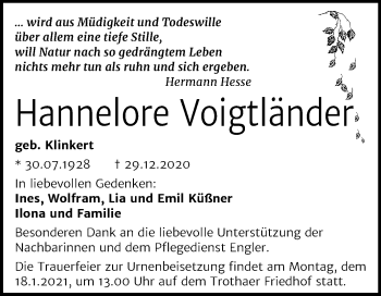 Traueranzeige von Hannelore Voigtländer von Mitteldeutsche Zeitung Halle/Saalkreis