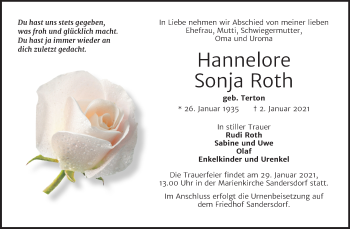 Traueranzeige von Hannelore Sonja Roth von Mitteldeutsche Zeitung Bitterfeld