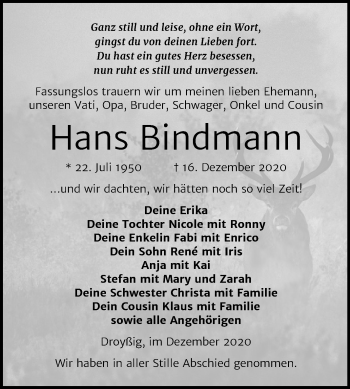 Traueranzeige von Hans Bindmann von Super Sonntag Zeitz
