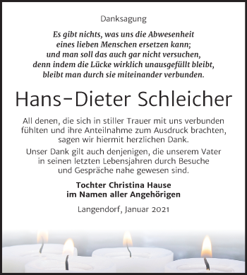 Traueranzeige von Hans-Dieter Schleicher von Mitteldeutsche Zeitung Weißenfels