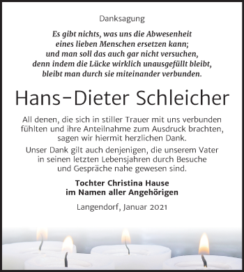 Traueranzeige von Hans-Dieter Schleicher von Super Sonntag Weißenfels