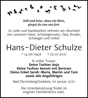 Traueranzeige von Hans-Dieter Schulze von Super Sonntag Merseburg/Querfurt