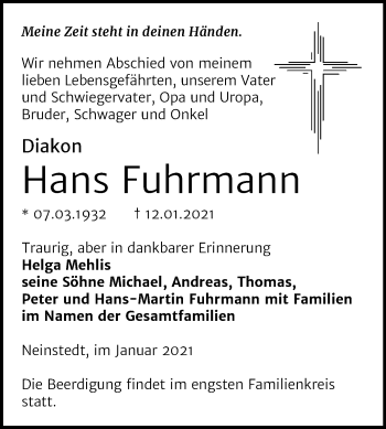 Traueranzeige von Hans Fuhrmann von Mitteldeutsche Zeitung Quedlinburg