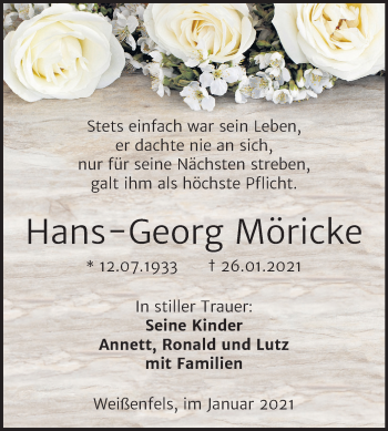 Traueranzeige von Hans-Georg Möricke von Super Sonntag Weißenfels