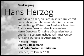 Traueranzeige von Hans Herzog von Mitteldeutsche Zeitung Mansfelder Land