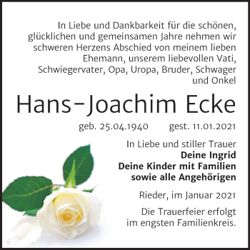 Traueranzeige von Hans-Joachim Ecke von Mitteldeutsche Zeitung Quedlinburg