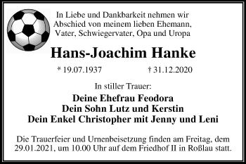 Traueranzeige von Hans-Joachim Hanke von Mitteldeutsche Zeitung Dessau-Roßlau