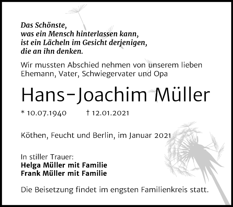  Traueranzeige für Hans-Joachim Müller vom 16.01.2021 aus Mitteldeutsche Zeitung Mansfelder Land