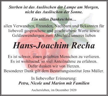 Traueranzeige von Hans-Joachim Recha von Super Sonntag Aschersleben