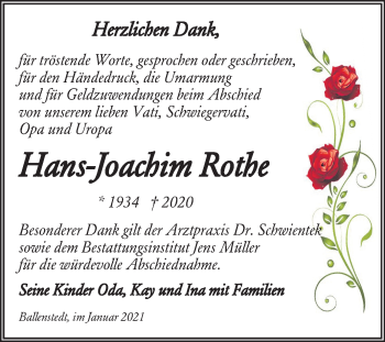 Traueranzeige von Hans-Joachim Rothe von Mitteldeutsche Zeitung Aschersleben