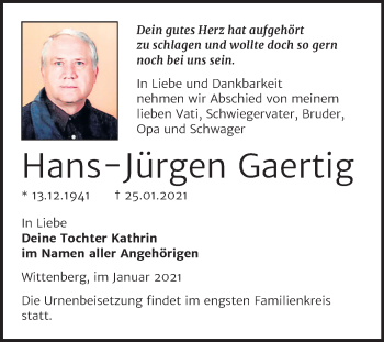 Traueranzeige von Hans-Jürgen Gaertig von Super Sonntag Wittenberg