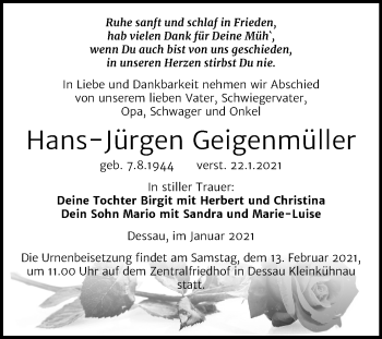 Traueranzeige von Hans-Jürgen Geigenmüller von Super Sonntag Dessau-Roßlau