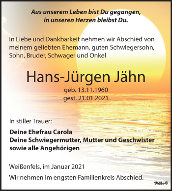 Traueranzeige von Hans-Jürgen Jähn von Super Sonntag Weißenfels