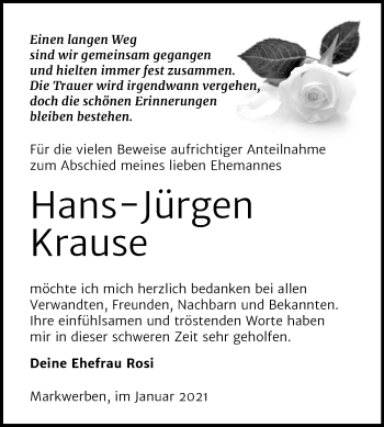 Traueranzeige von Hans-Jürgen Krause von Mitteldeutsche Zeitung Weißenfels