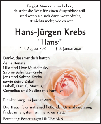 Traueranzeige von Hans-Jürgen Krebs von Super Sonntag Quedlinburg