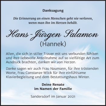 Traueranzeige von Hans-Jürgen Salamon von Mitteldeutsche Zeitung Bitterfeld