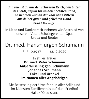 Traueranzeige von Hans-Jürgen Schumann von Mitteldeutsche Zeitung Halle/Saalkreis