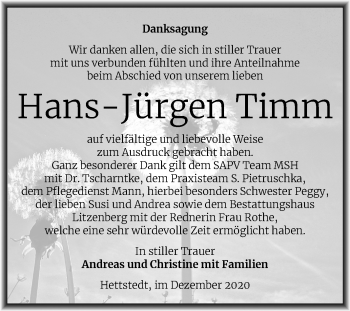 Traueranzeige von Hans-Jürgen Timm von Mitteldeutsche Zeitung Mansfelder Land